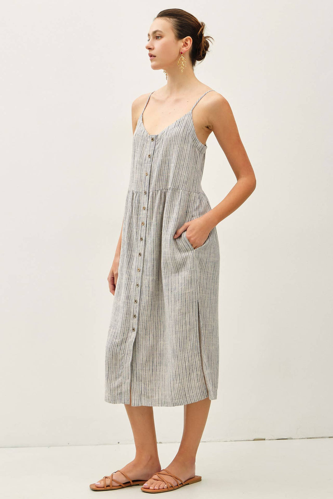 Be Cool | Striped Linen Blend Button Up Tank Dress