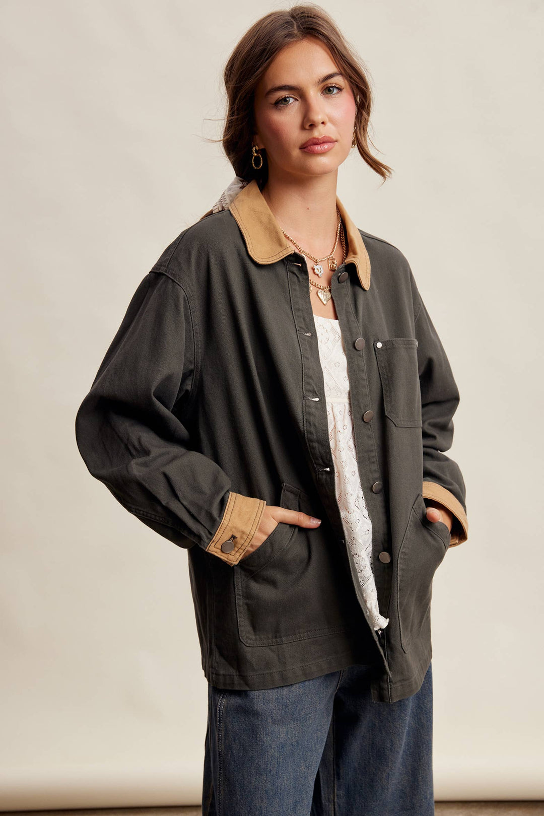Listicle | Contrast Collar Utility Barn Jacket LJ0271
