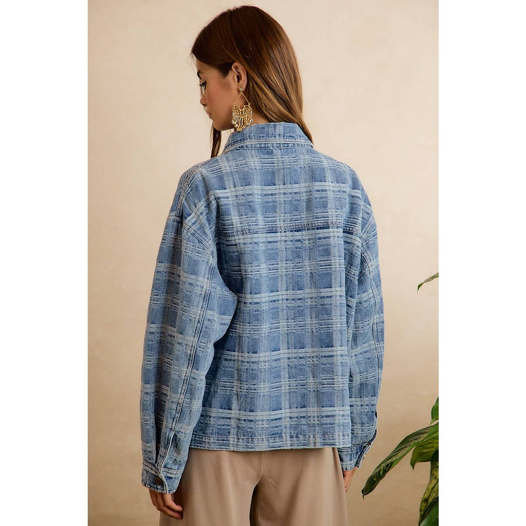BiBi | Washed Plaid Patterned Denim Jacket With oversized Pockets