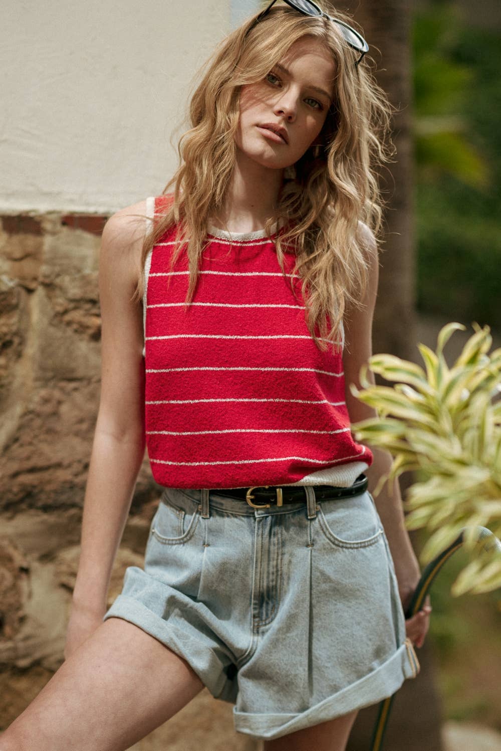 Miou Muse | Short Sleeve Wide Pinstripe Knitted Tank