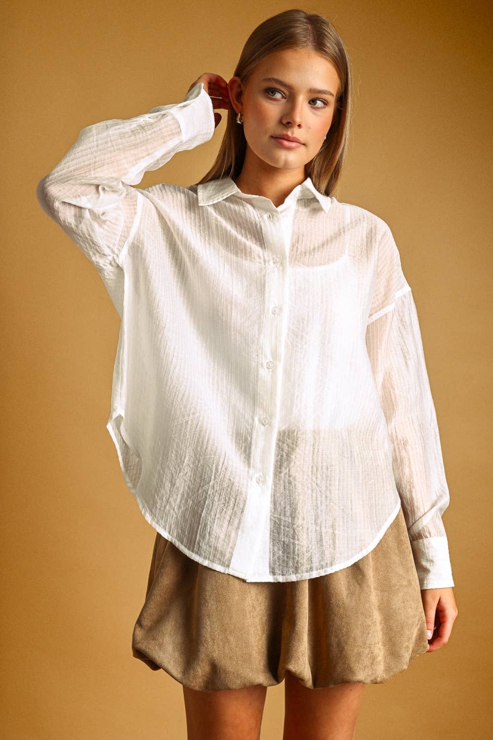Miou Muse | Pin Striped Sheer Button Front Shirt