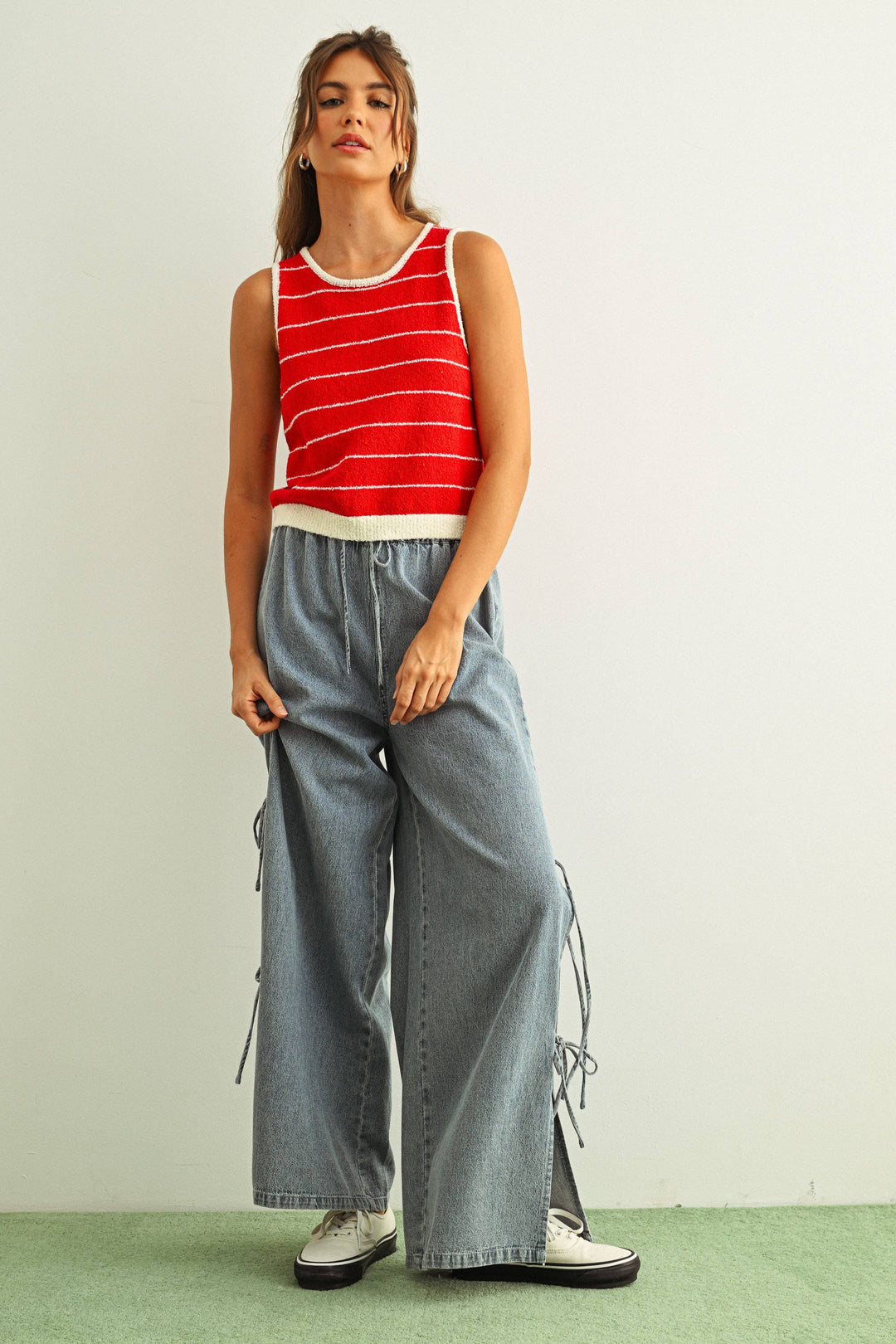 Miou Muse | Short Sleeve Wide Pinstripe Knitted Tank