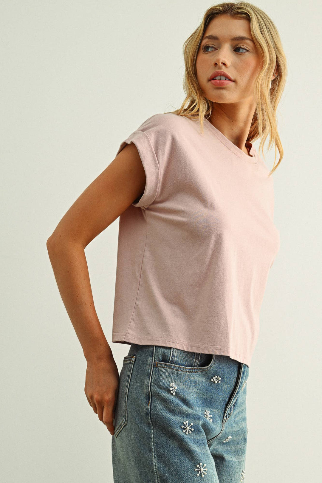 Miou Muse | Round Neck Cuffed Sleeve Top