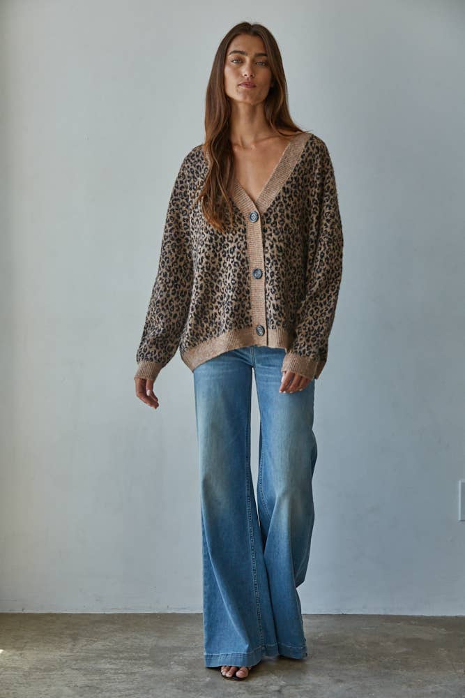 By Together | Knit Sweater V-Neck Animal Print Cardigan