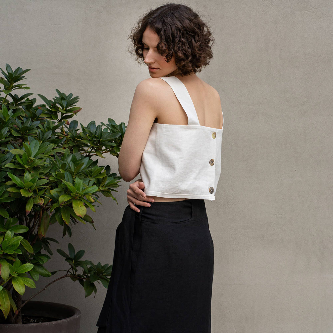 Menique | Linen Pinafore Crop Top with Back Buttons