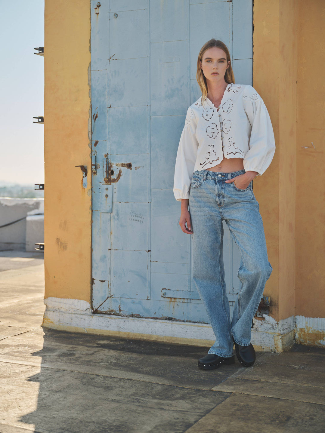 Aaron and Amber | Denim Embroidery Puff Sleeve Blouse