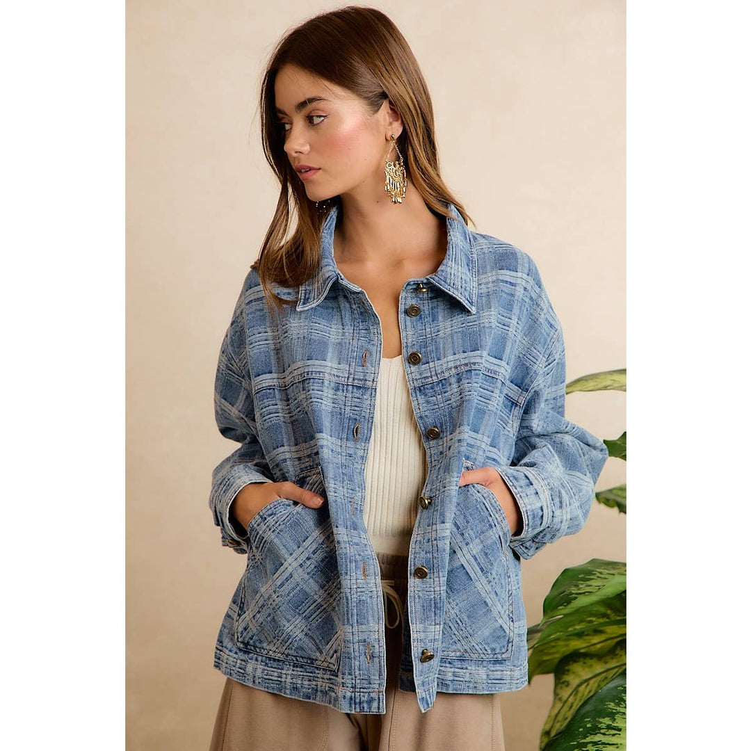BiBi | Washed Plaid Patterned Denim Jacket With oversized Pockets