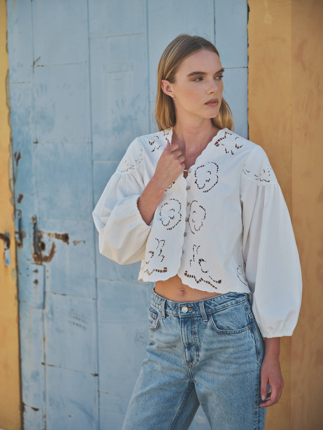 Aaron and Amber | Denim Embroidery Puff Sleeve Blouse