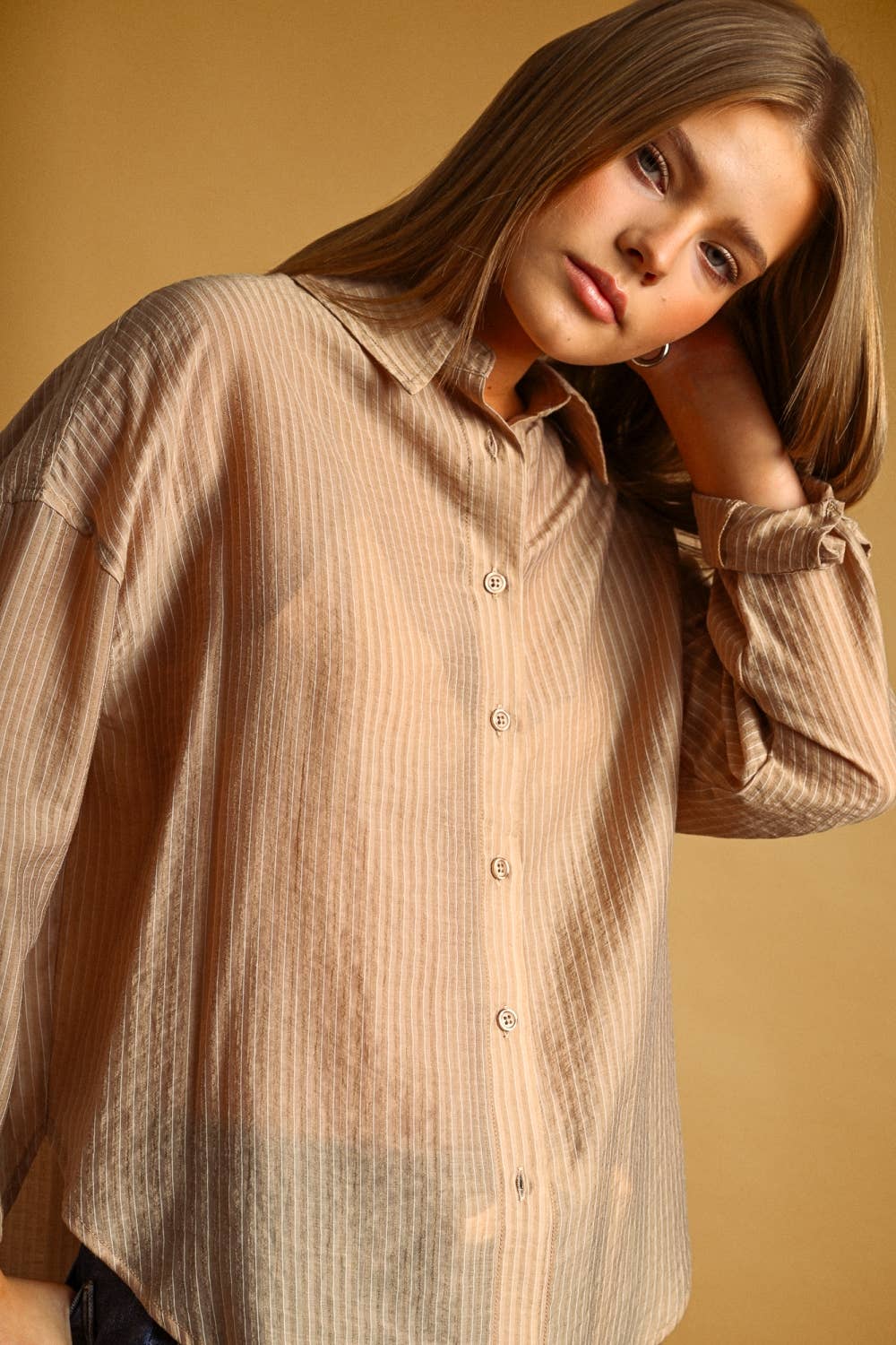 Miou Muse | Pin Striped Sheer Button Front Shirt