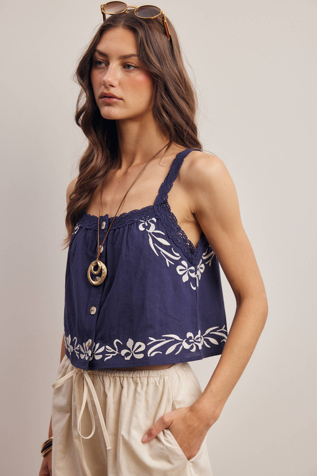 Forte | Embroidered Lace Trim Button Front Tank Top