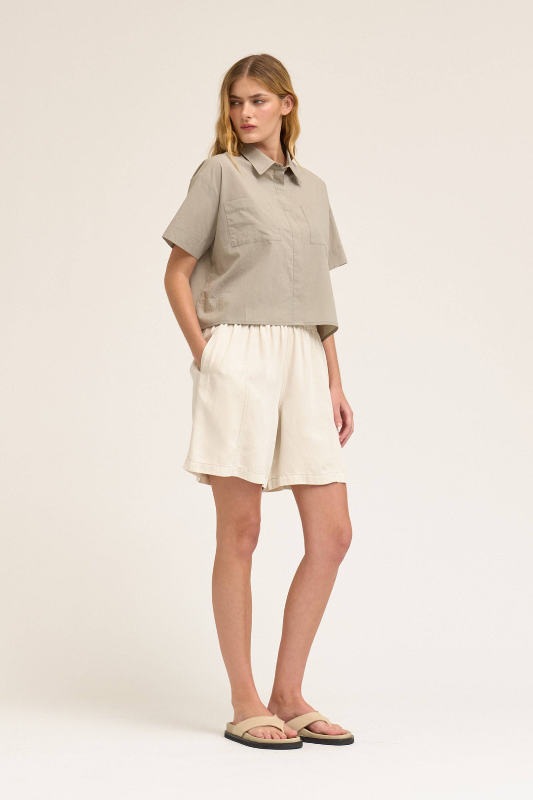 Grade and Gather | Cropped Button Up Shot Sleeve Top 