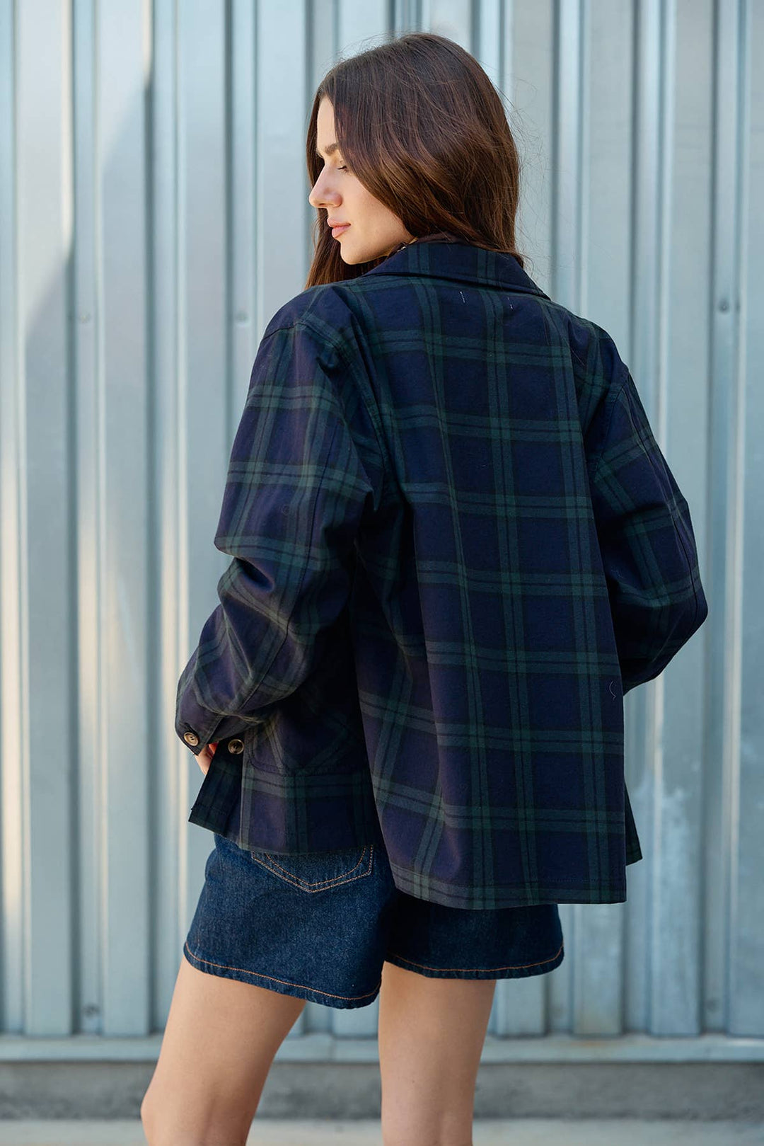 Raisonnel | Navy Plaid Button Front Pocket Jacket