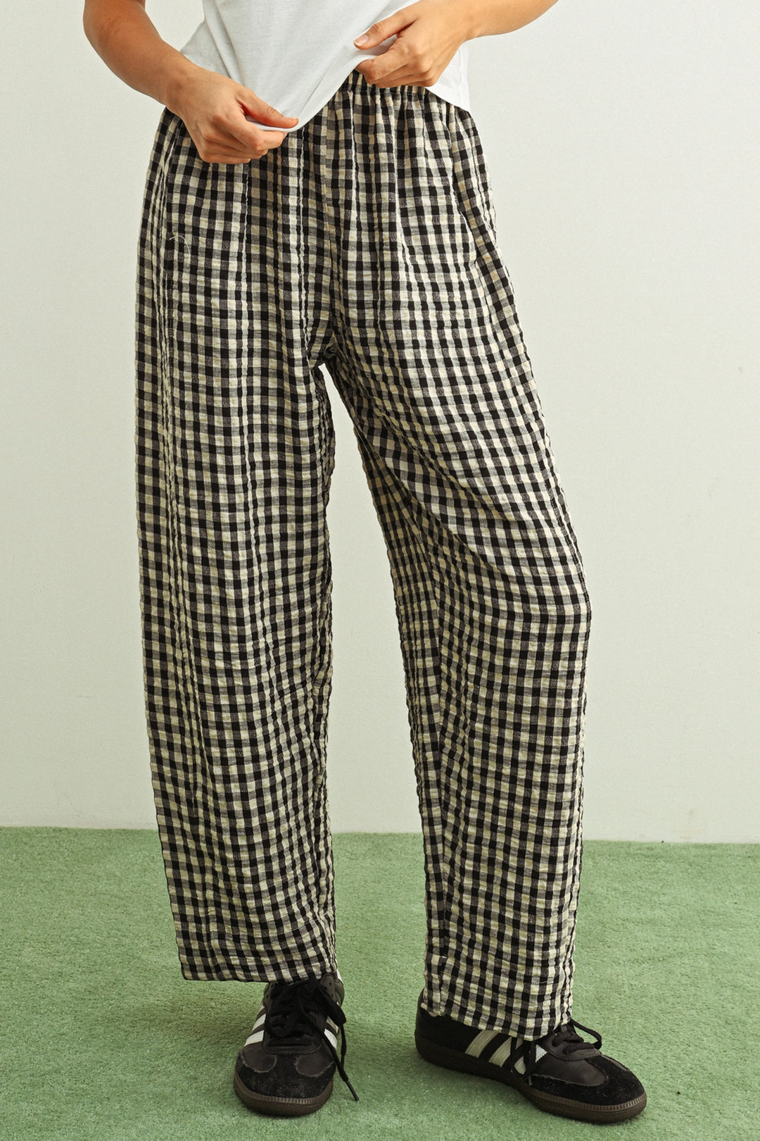 Miou Muse | Gingham Pattern Elastic Band Waist Pants