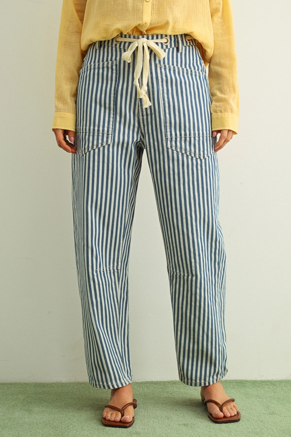 Miou Muse | Stripe Printed Barrel Pants with Cotton Tape Belt