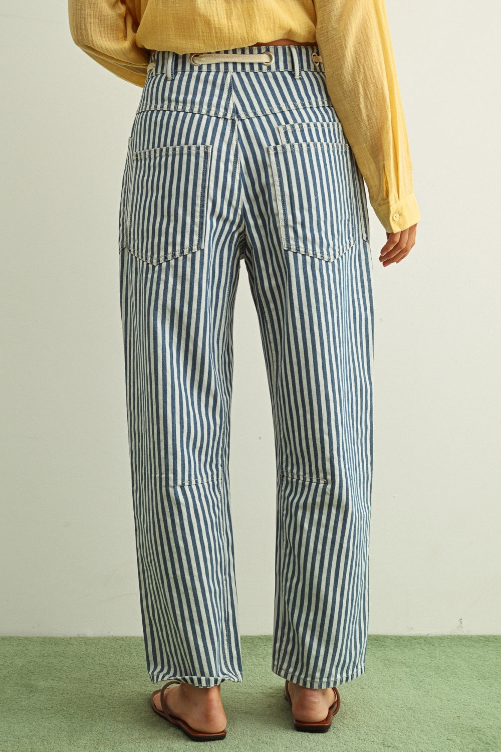 Miou Muse | Stripe Printed Barrel Pants with Cotton Tape Belt